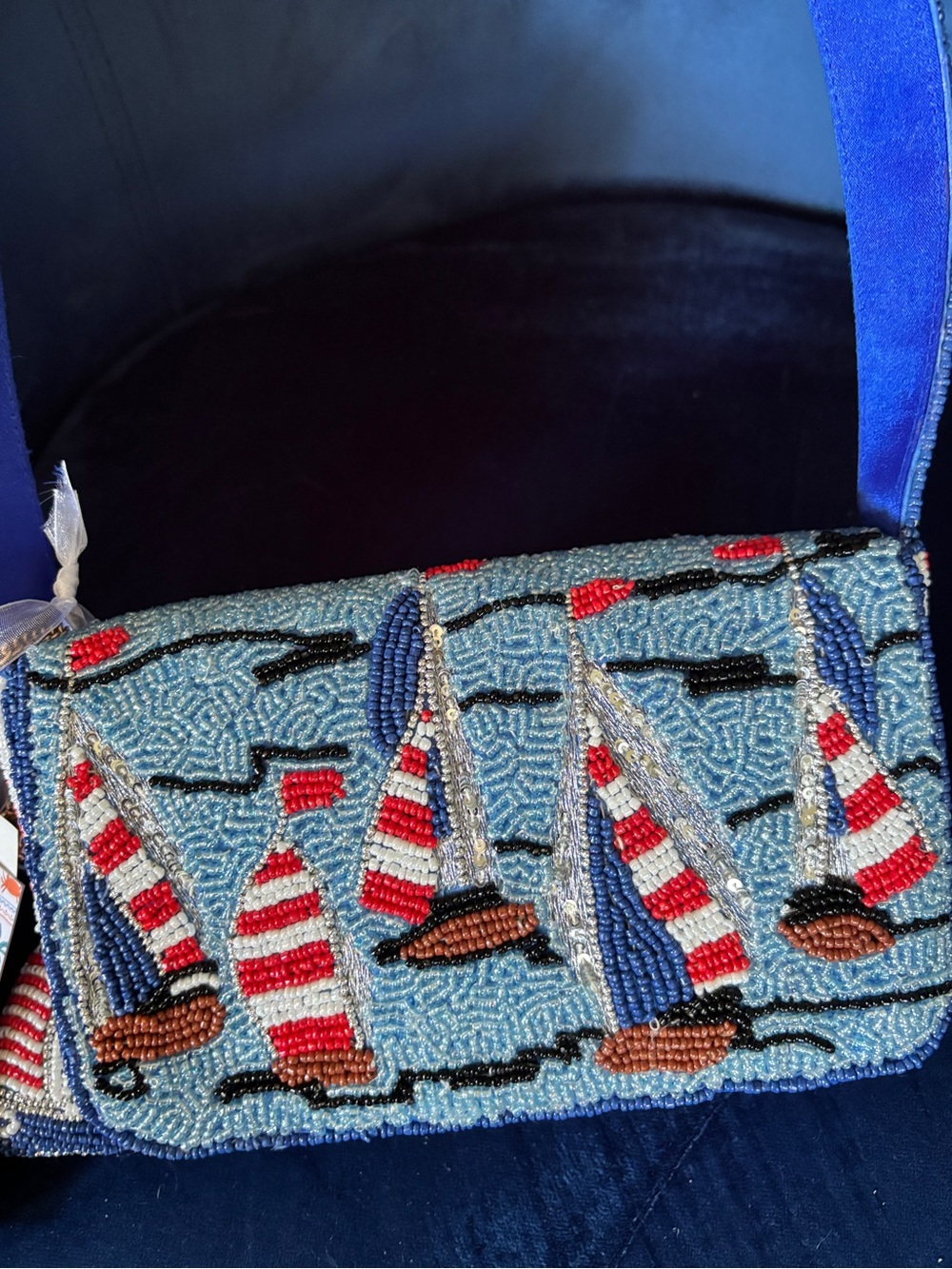 India Boutique Beaded Sailboat Clutch in Light Blue, Red, Navy